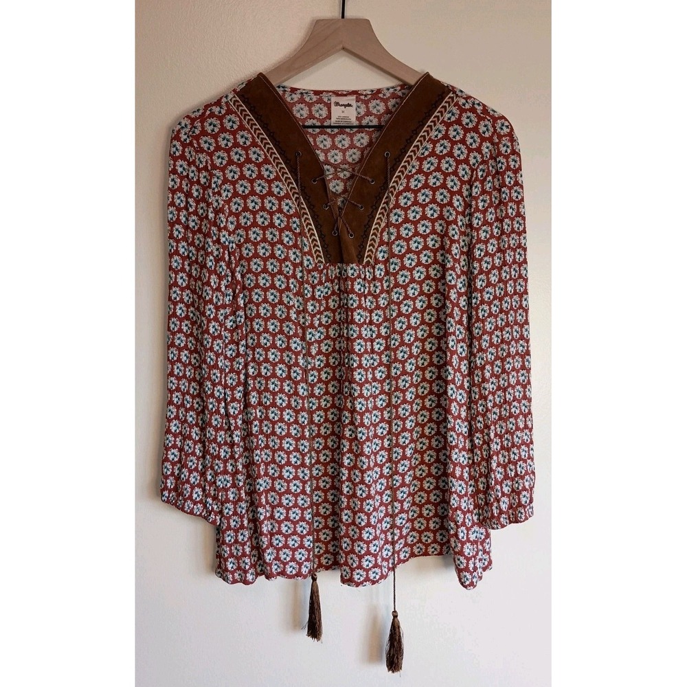 Wrangler Boho Peasant Blouse Medium Faux Suede Lace Up Tassel Western Prairie...